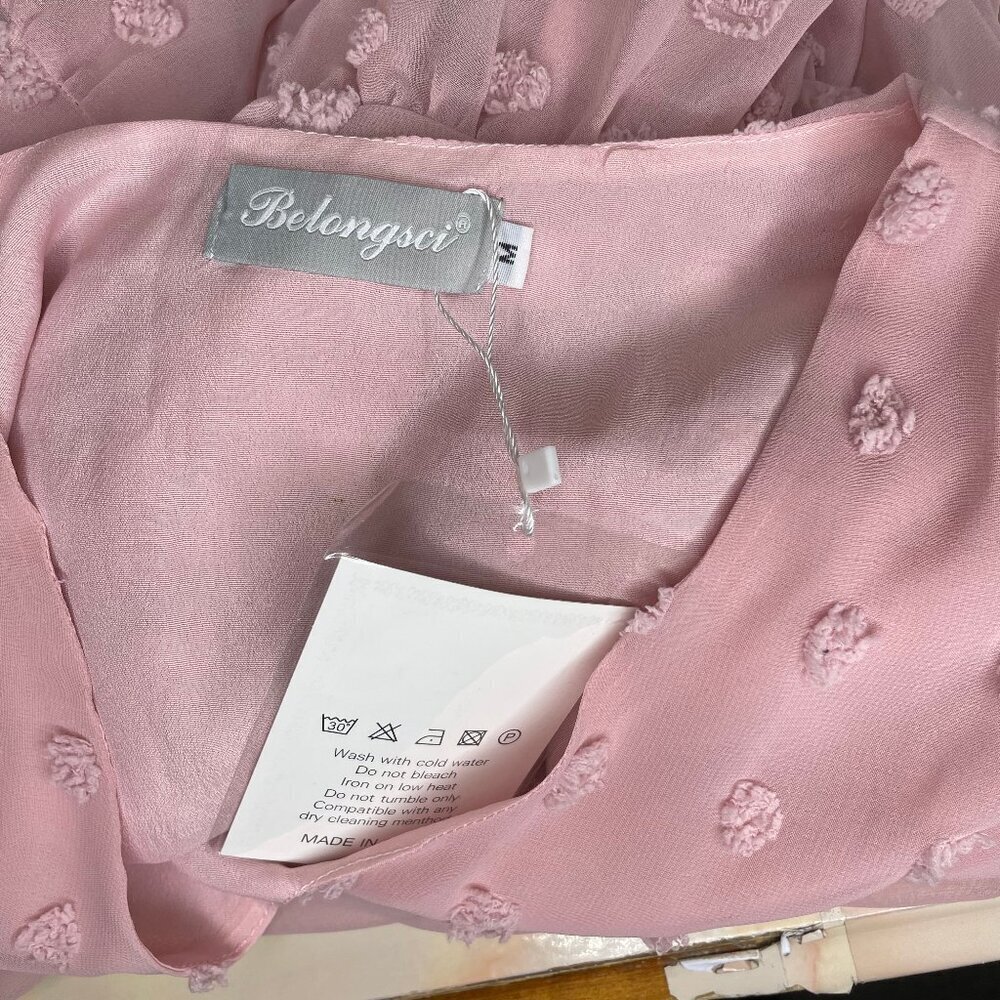 BELONGSCI Pink Coquette Swiss Dot Tiered Mini Dress Bell Sleeve M - Picture 6 of 8